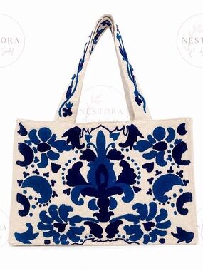 Blue Floral Embroidered Canvas Tote Bag